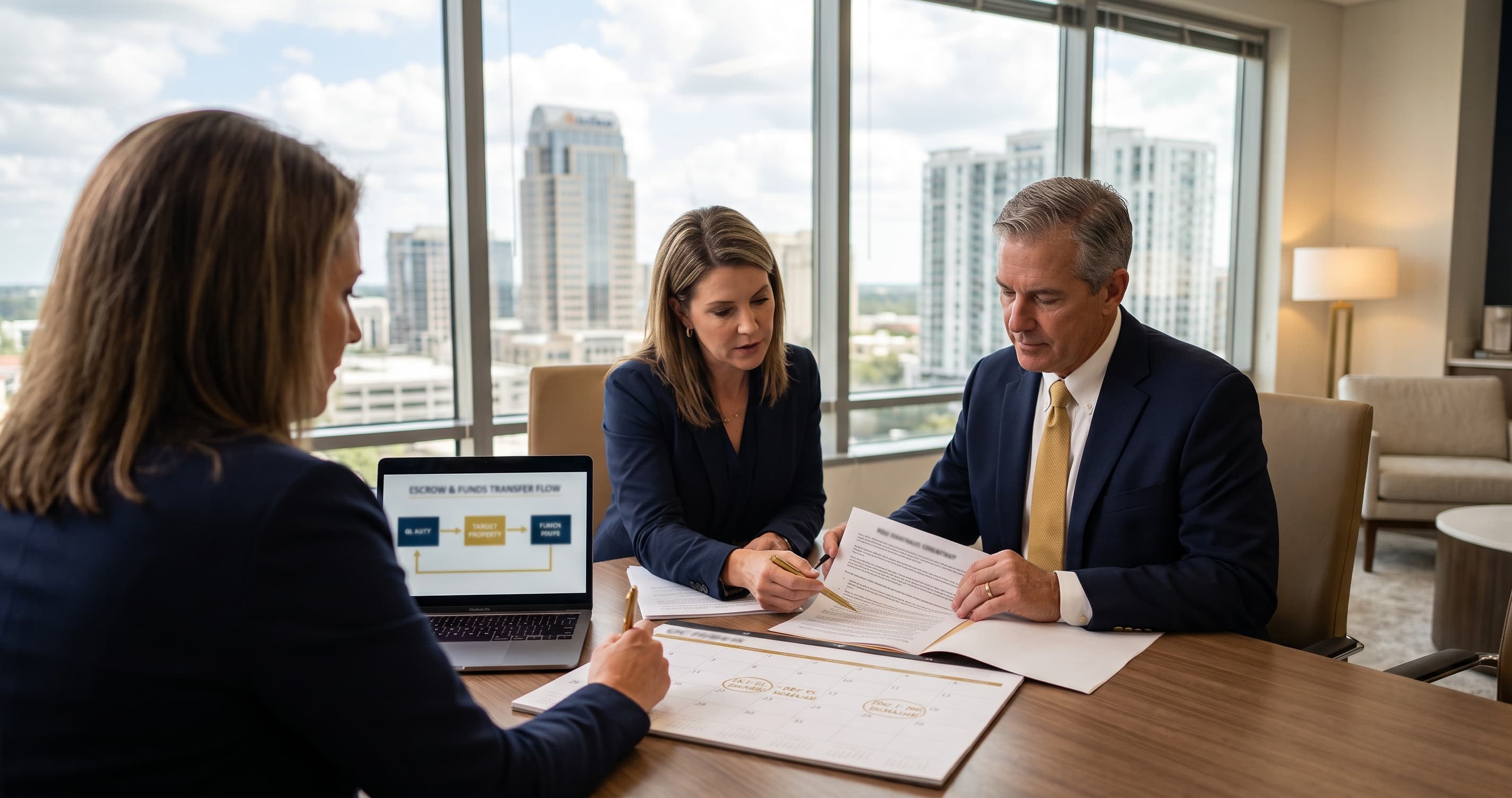 An Orlando-area commercial real estate investor and advisor reviewing a 1031 exchange agreement against the 45-day and 180-day deadlines, with a Central Florida skyline beyond the window — the accommodator holds the funds while the broker sources the replacement property