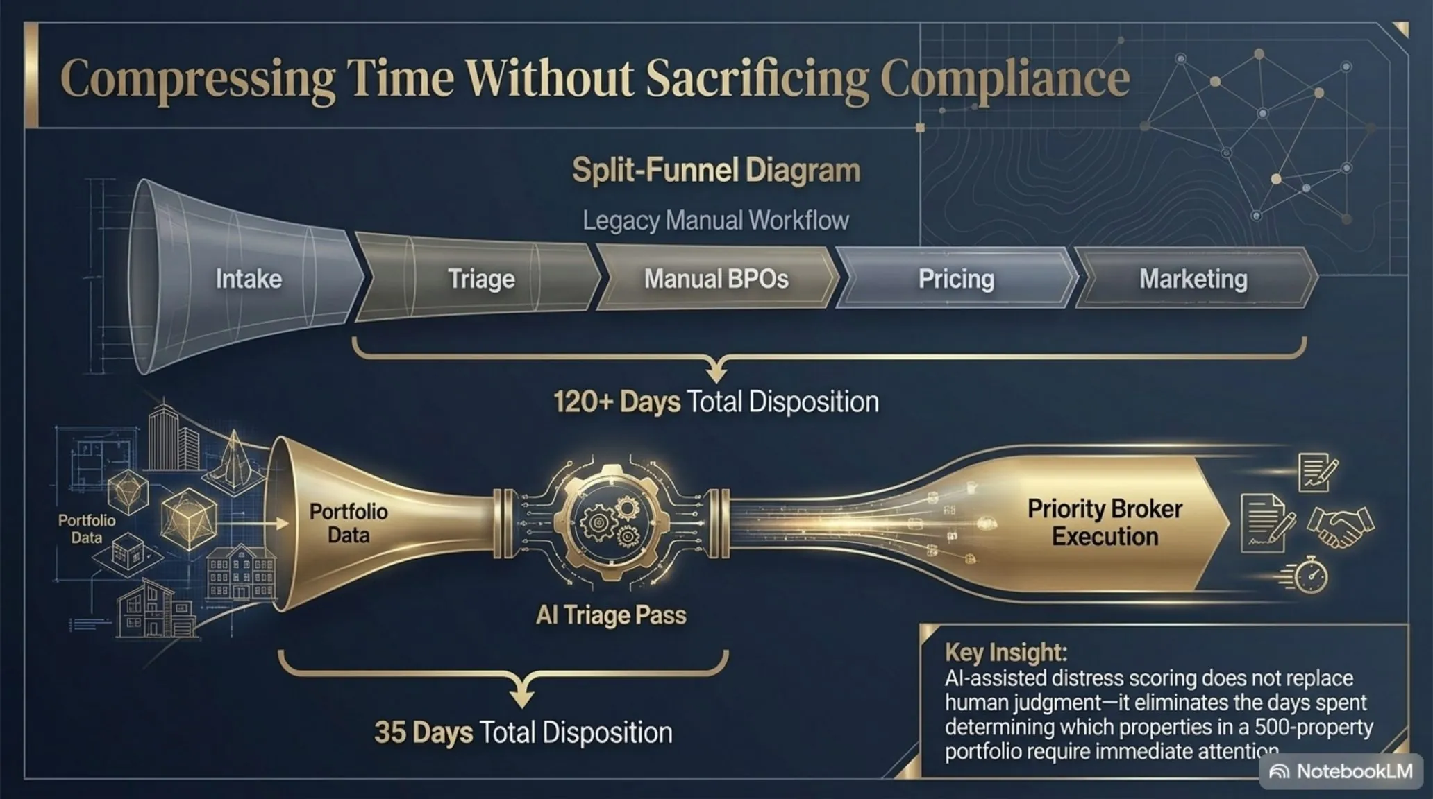 Compressing Time Without Sacrificing Compliance — split-funnel diagram contrasting a legacy manual workflow (intake, triage, manual BPOs, pricing, marketing at 120+ days) with an AI triage pass from portfolio data through the REOMind.ai scoring engine to priority broker execution at 35 days. Key insight: AI-assisted distress scoring does not replace human judgment, it eliminates the days spent determining which properties in a 500-property portfolio require immediate attention.