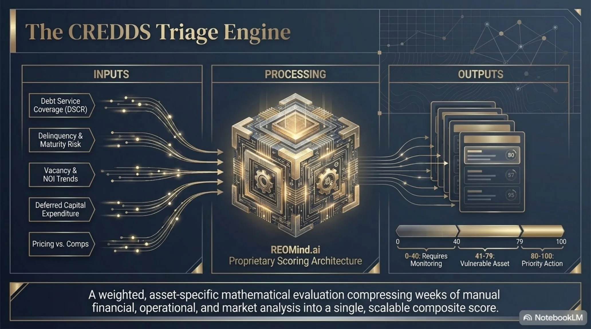 The CREDDS Triage Engine — inputs including Debt Service Coverage (DSCR), Delinquency and Maturity Risk, Vacancy and NOI Trends, Deferred Capital Expenditure, and Pricing versus Comparables flow into the REOMind.ai proprietary scoring architecture, producing outputs banded 0–40 Requires Monitoring, 41–79 Vulnerable Asset, and 80–100 Priority Action. A weighted, asset-specific mathematical evaluation compressing weeks of manual financial, operational, and market analysis into a single scalable composite score.