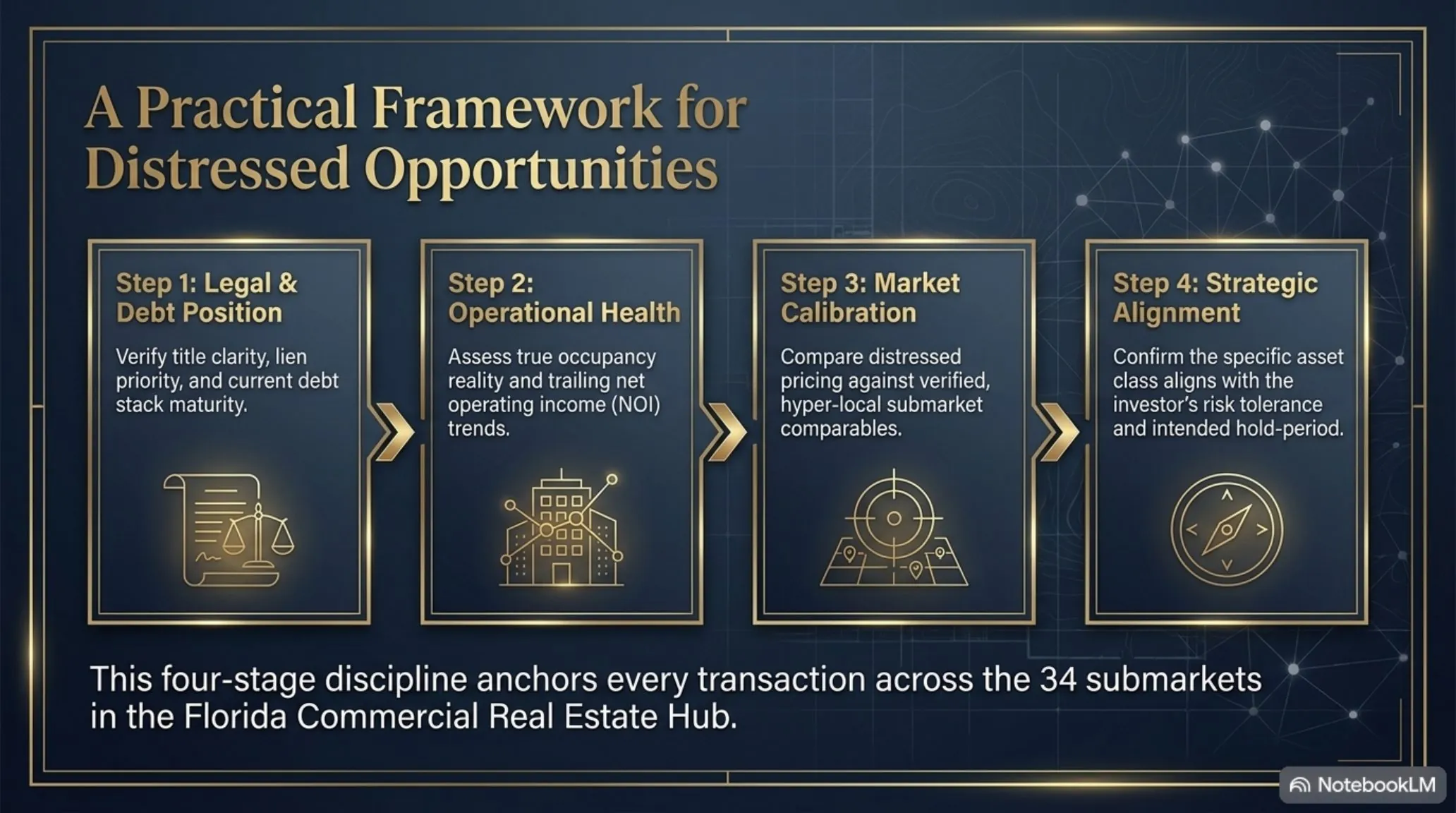 A Practical Framework for Distressed Opportunities — four-step process for investors: Step 1 Legal and Debt Position (verify title clarity, lien priority, current debt stack maturity), Step 2 Operational Health (assess true occupancy reality and trailing NOI trends), Step 3 Market Calibration (compare distressed pricing against verified hyper-local submarket comparables), Step 4 Strategic Alignment (confirm the asset class aligns with the investor risk tolerance and hold period). This four-stage discipline anchors every transaction across the 34 submarkets in the Florida Commercial Real Estate Hub.