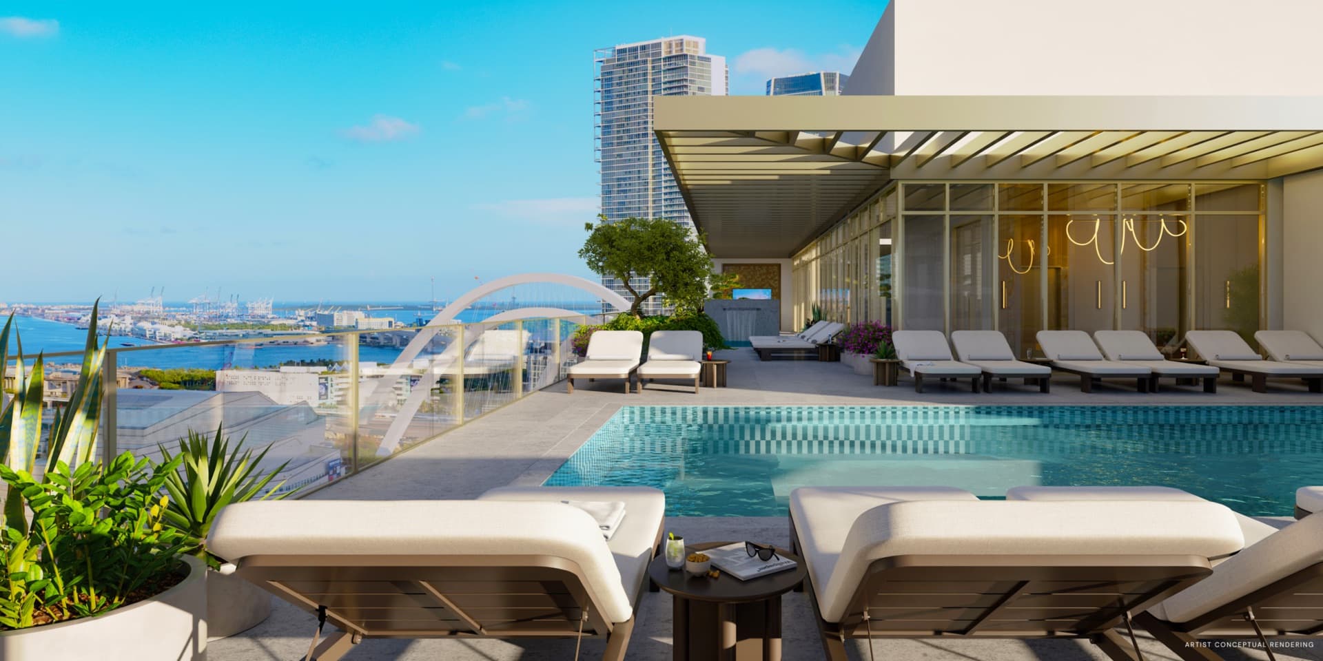 14 ROC Miami rooftop pool with Biscayne Bay views and Signature Bridge in the background. Artist conceptual rendering.