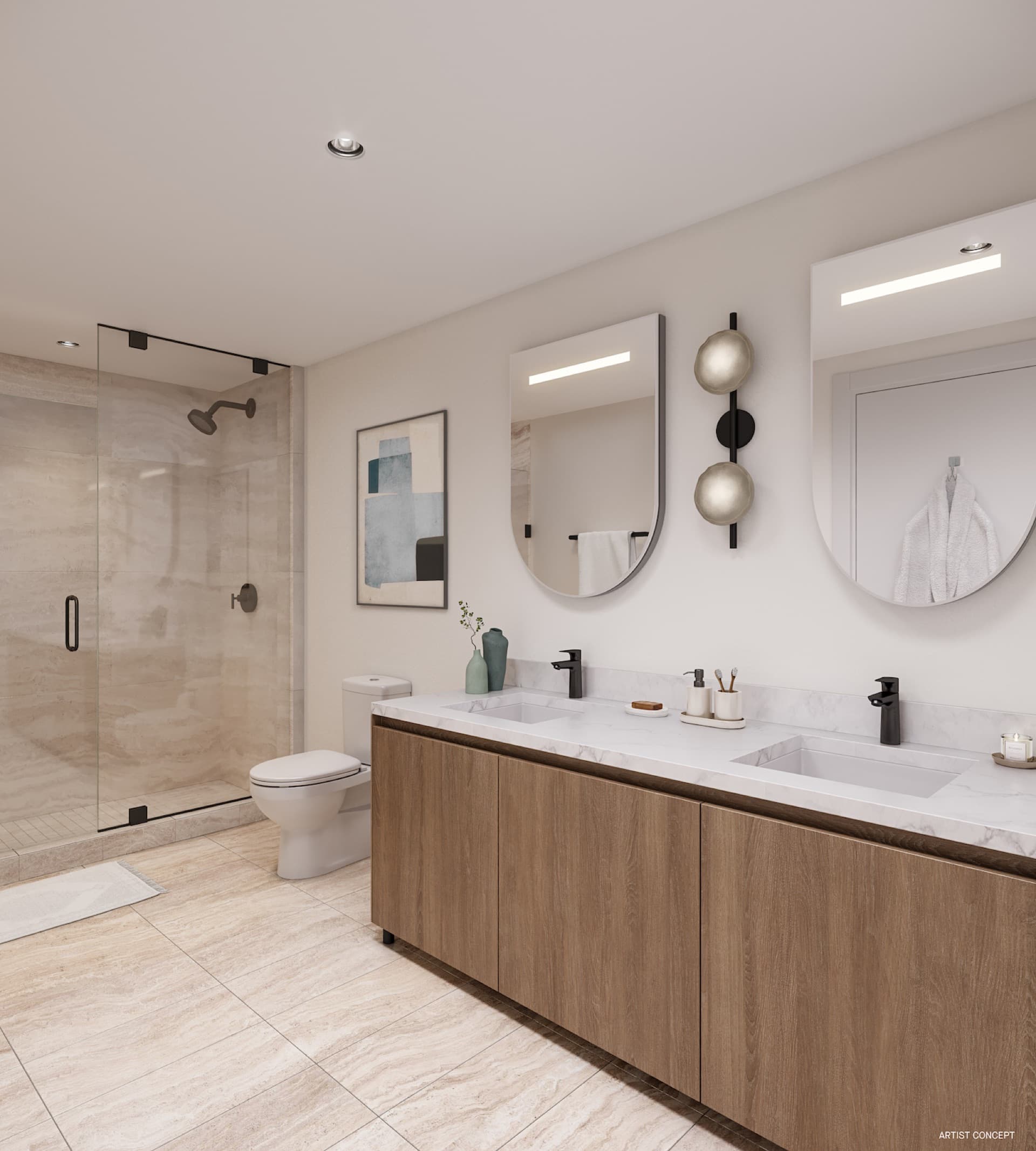 72 Park Miami Beach bathroom rendering with natural stone and frameless glass shower