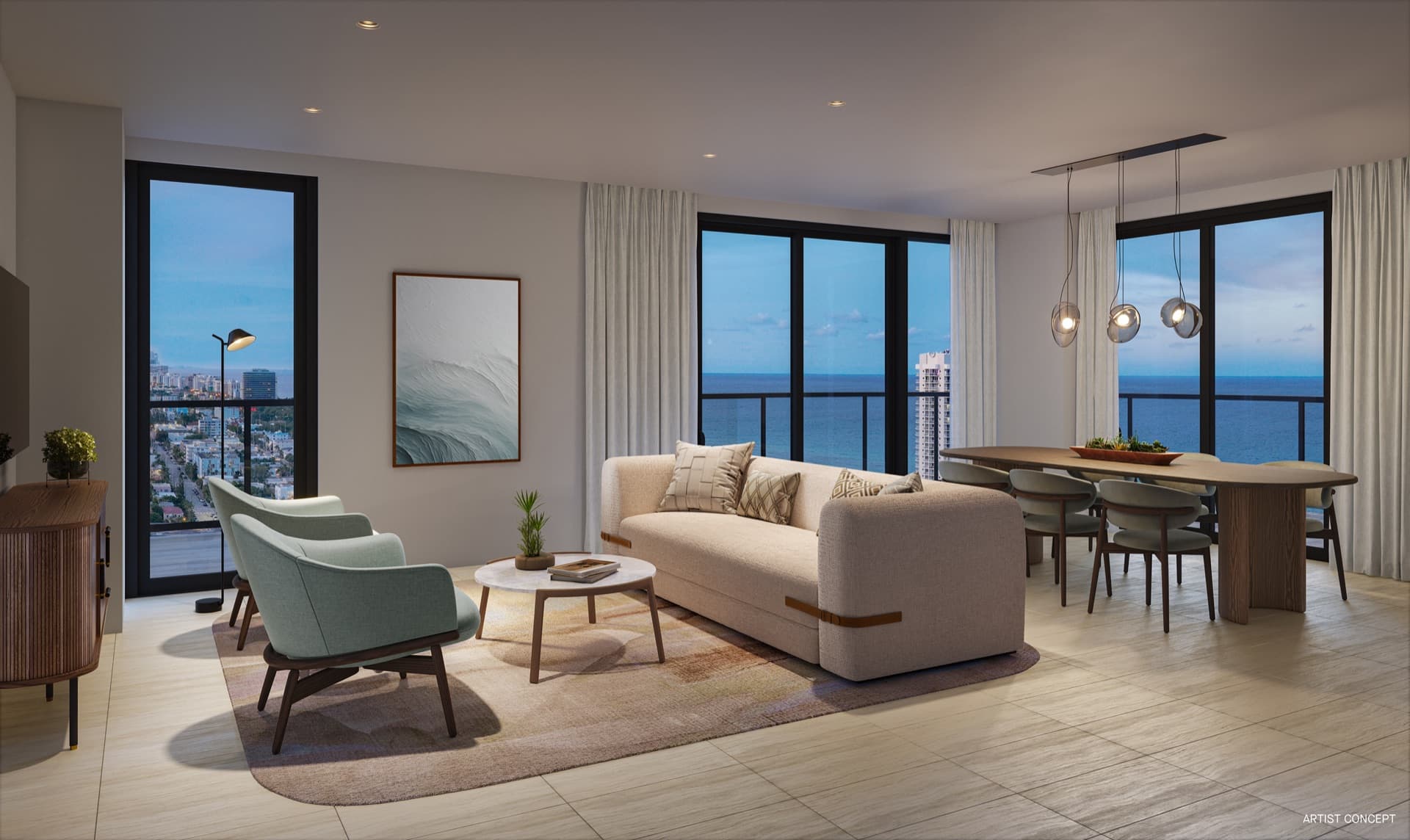 72 Park Miami Beach living room rendering with floor-to-ceiling windows and ocean views