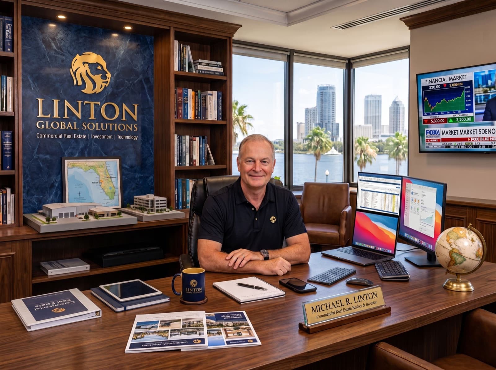 Michael R. Linton, Florida commercial real estate broker, at his desk with a view of Lake Eola and the downtown Orlando skyline