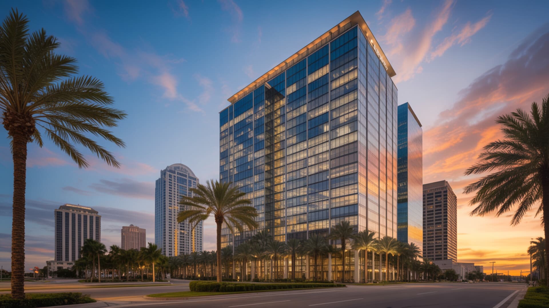 Florida glass-and-steel commercial office tower at golden hour — symbolizing the long-term wealth power of a properly executed 1031 exchange