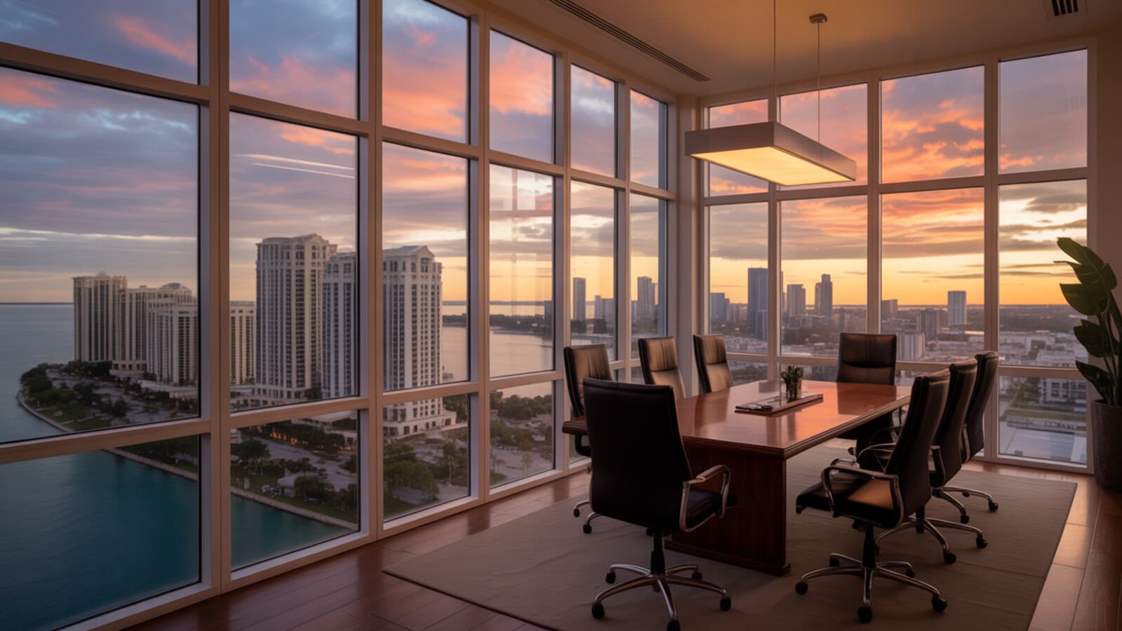 Executive boardroom with Florida cityscape view — symbolizing the multi-generational legacy planning that the 1031 exchange enables