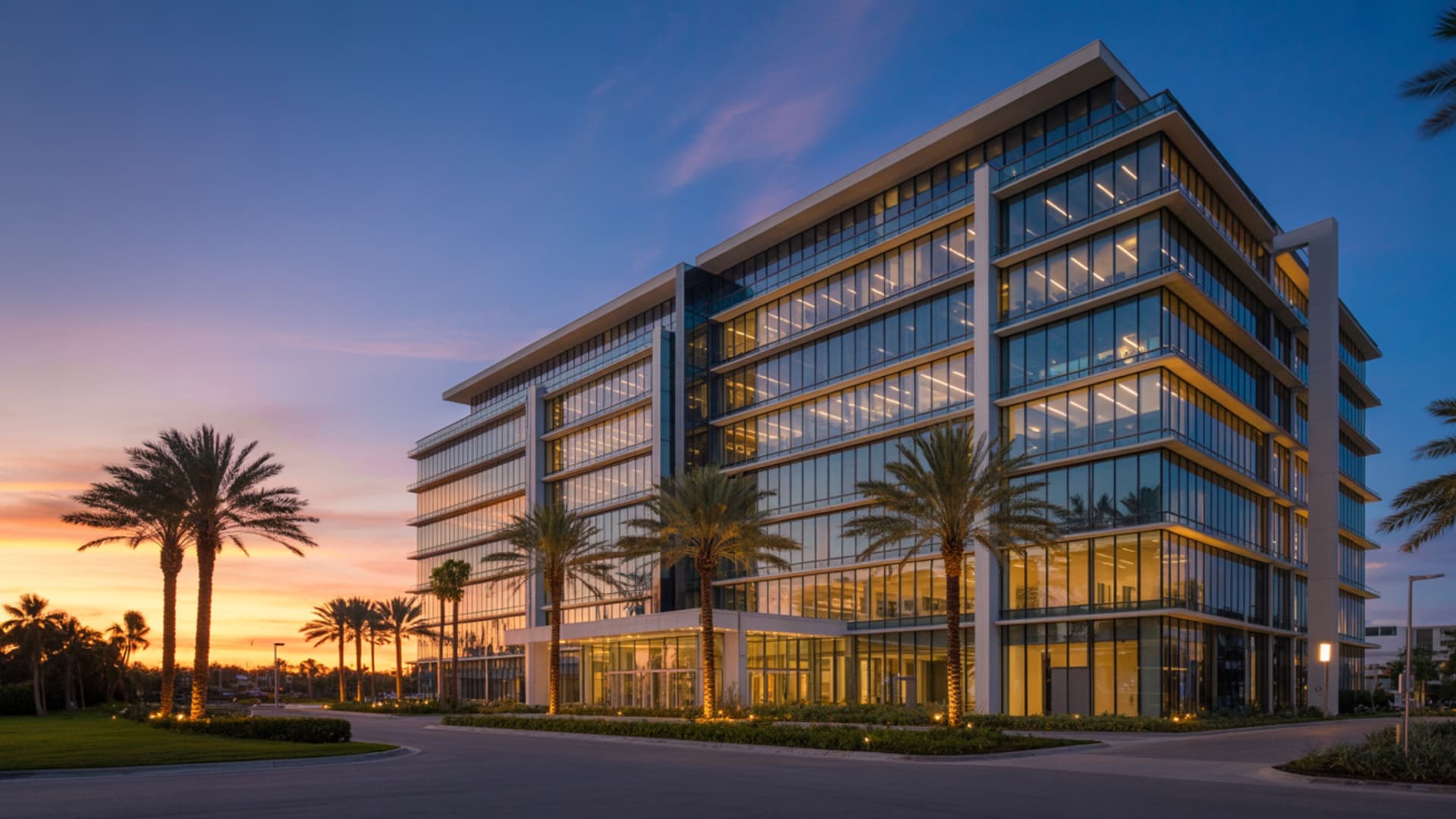 Modern Florida commercial real estate office building at golden hour — representing the 7 strategies to fund your first commercial deal