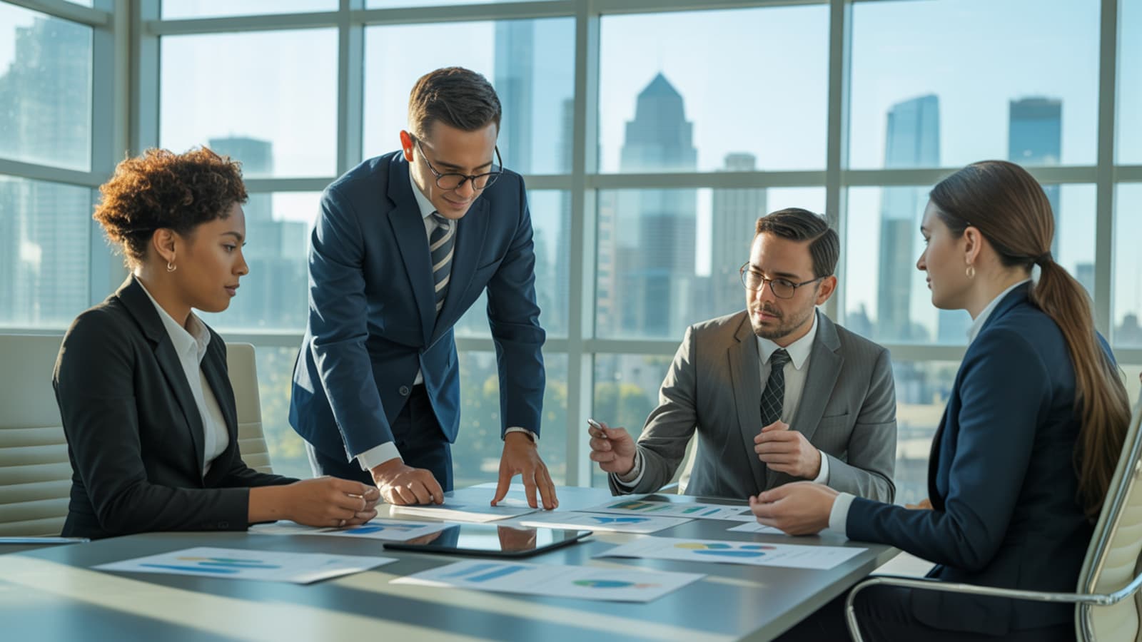 Business professionals in a modern conference room analyzing commercial real estate syndication opportunities
