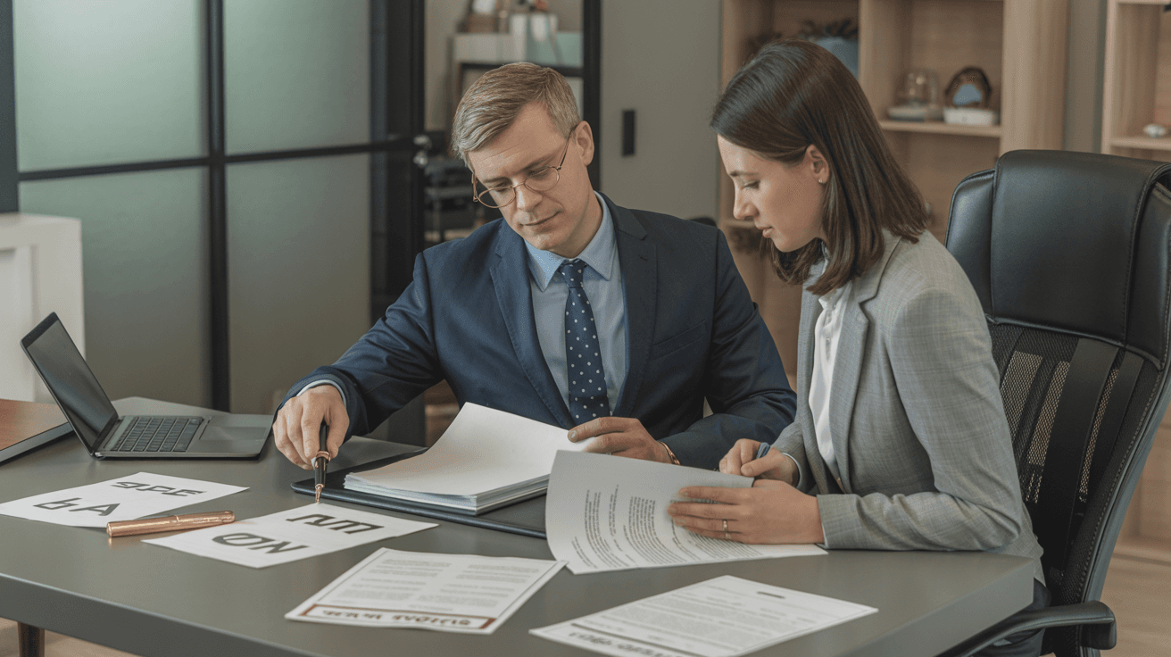 Real estate attorney and investor reviewing title documents during pre-offer due diligence investigation for distressed property acquisition