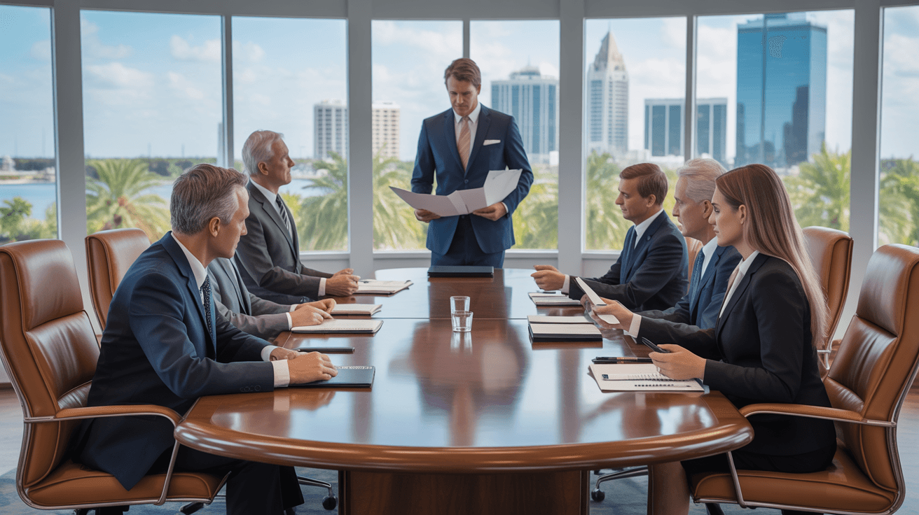 Corporate boardroom representing Florida bank merger and consolidation activity