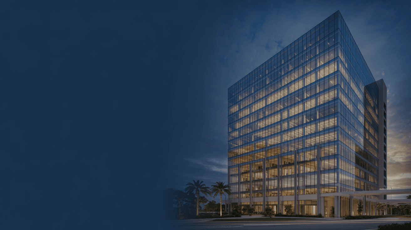 Modern glass and steel bank headquarters building in Florida at dusk representing banking growth