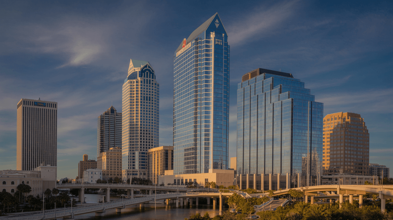 Florida financial district skyline at golden hour with modern bank towers and commercial buildings