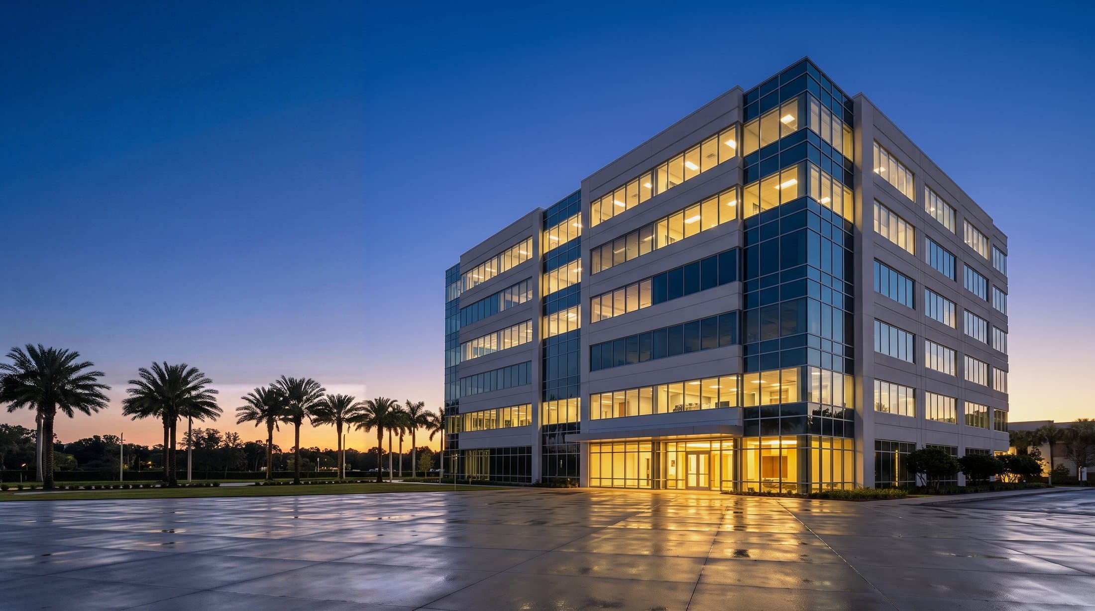 Fully occupied mid-rise Florida office building at blue hour, interior lights on across most floors — a performing asset of the kind now defaulting at loan maturity rather than on operations