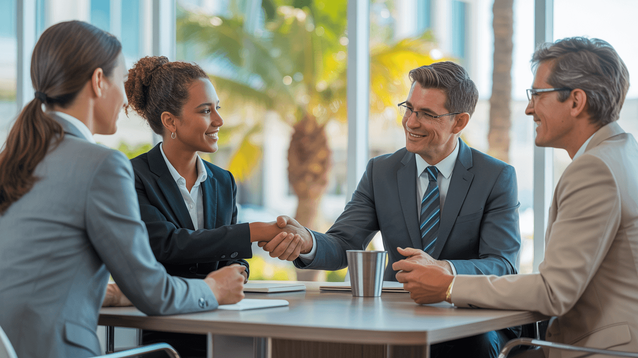 Professional business meeting in a modern Florida community bank branch representing local banking relationships