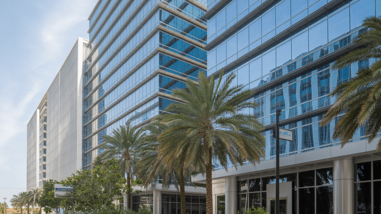 Modern Florida commercial office building exterior representing the active CRE capital markets in Tampa and Orlando