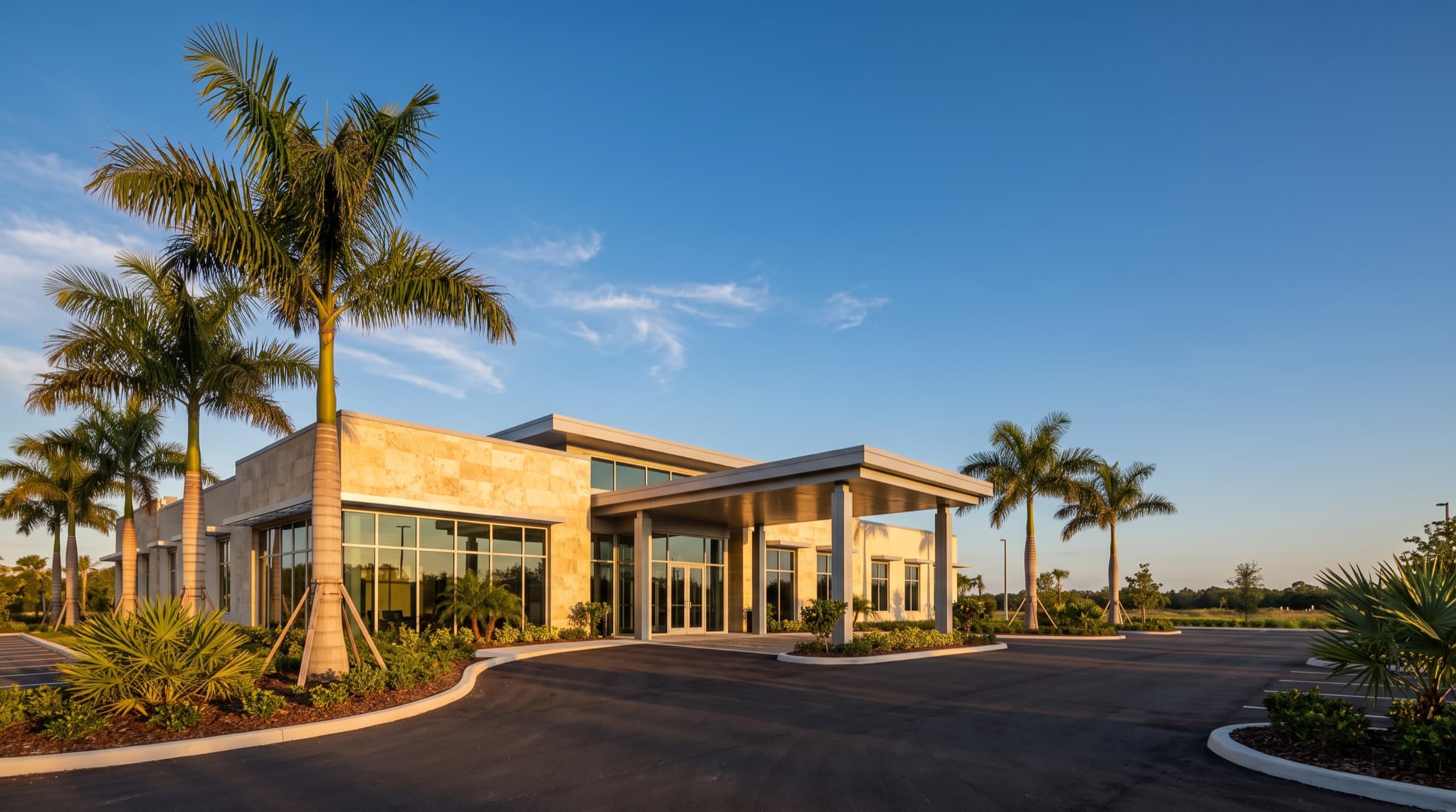 A single-story Florida commercial building in limestone and glass at golden hour, framed by mature queen palms — the kind of net-lease replacement property a 1031 exchanger identifies inside the 45-day window