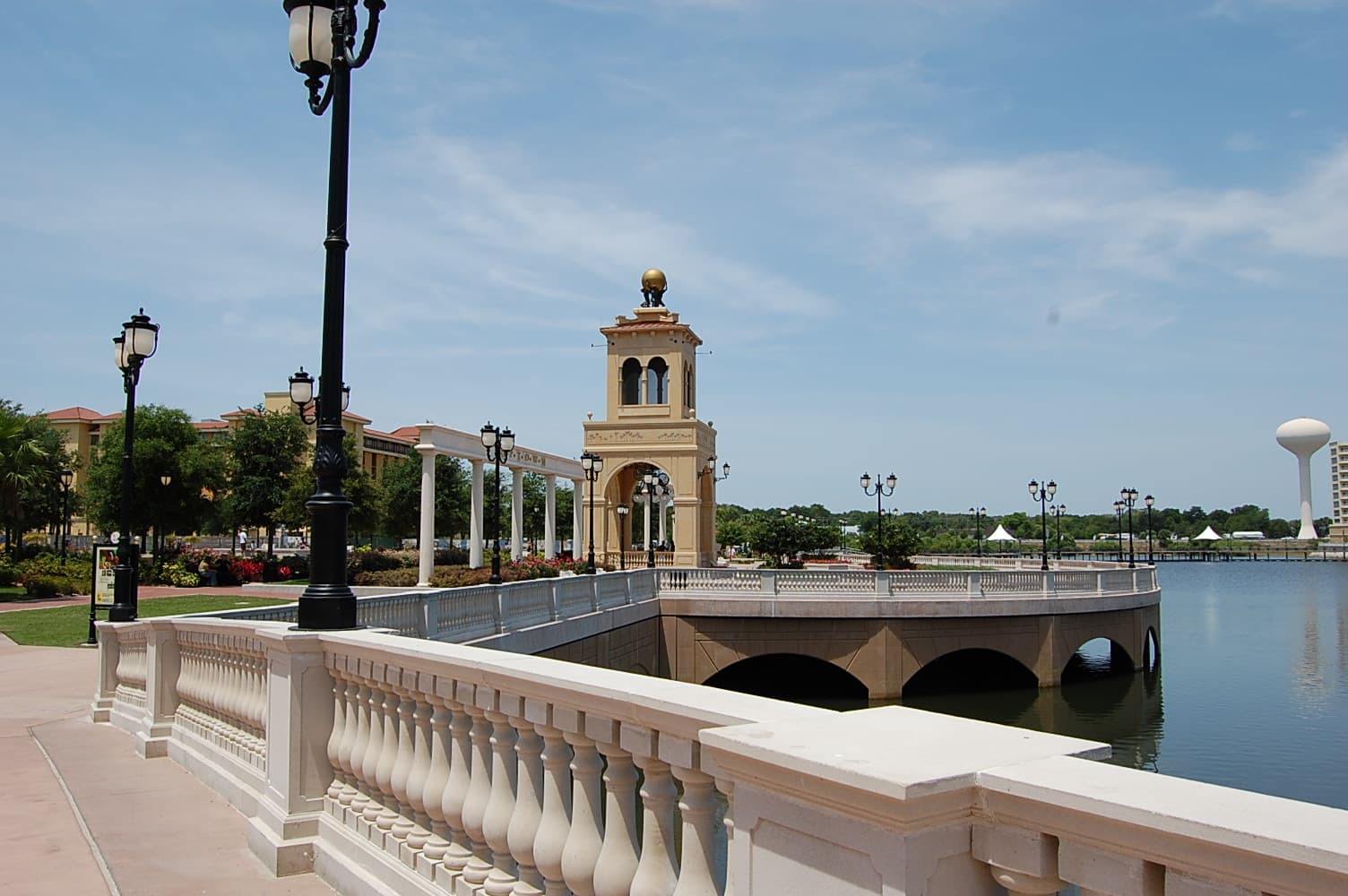 Uptown Altamonte Springs promenade and clock tower on Cranes Roost Lake, Altamonte Springs, Florida