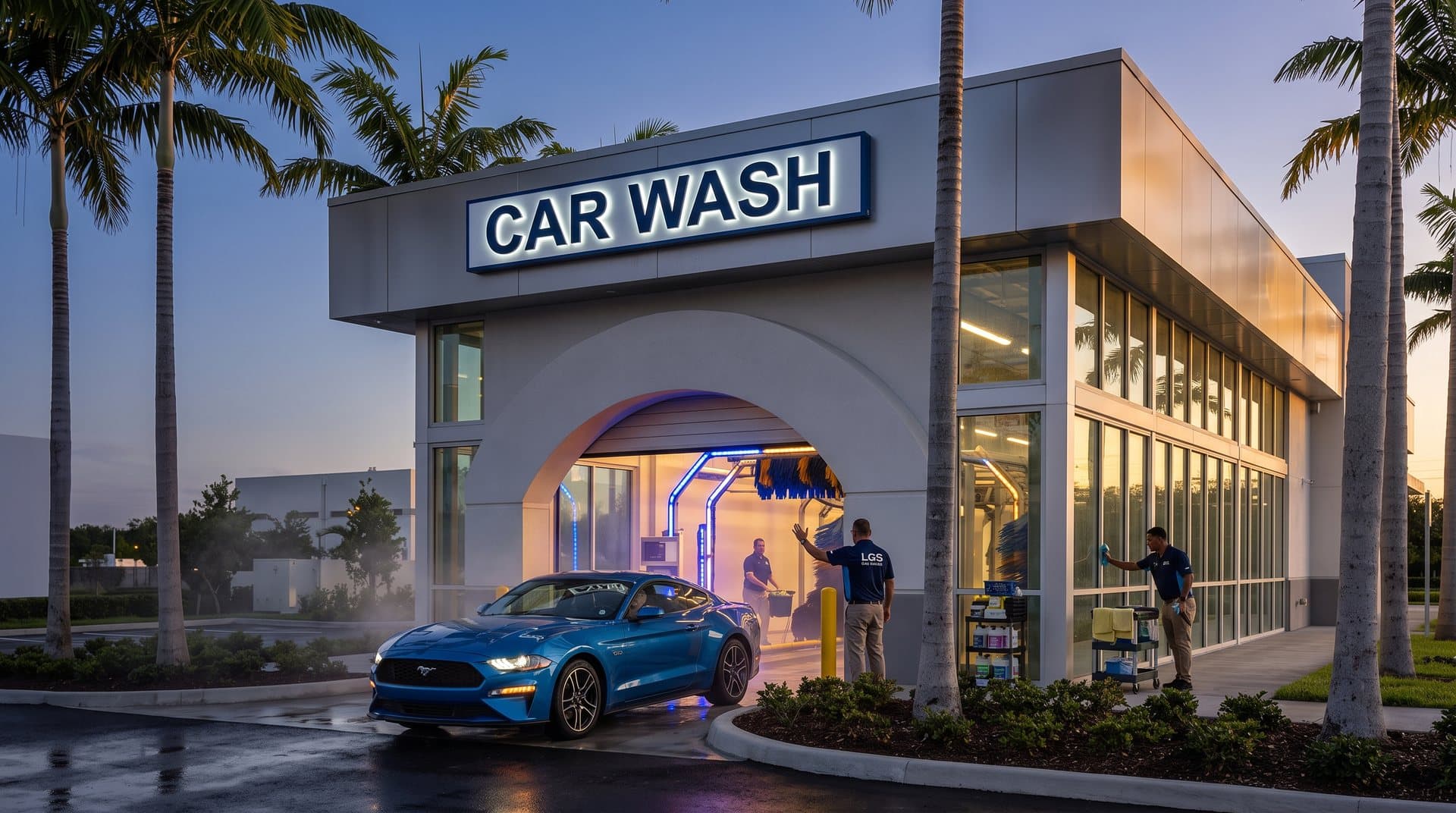 Modern car wash at dusk ringed by queen palms on a Florida commercial corner lot — a covered land play: an income-producing improvement sitting on land worth more than the building