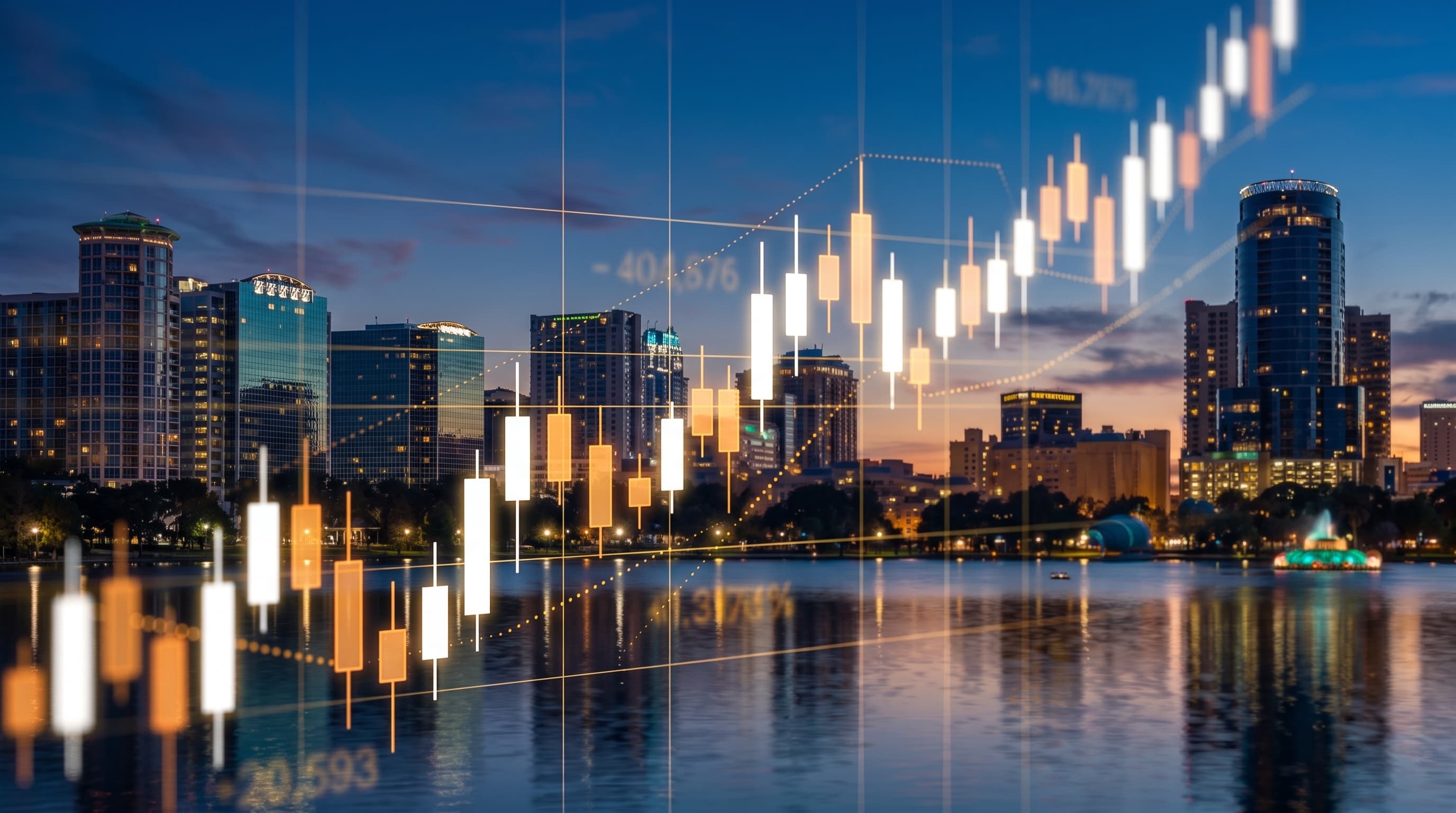 Downtown Orlando skyline over Lake Eola at dusk with a rising candlestick chart overlay