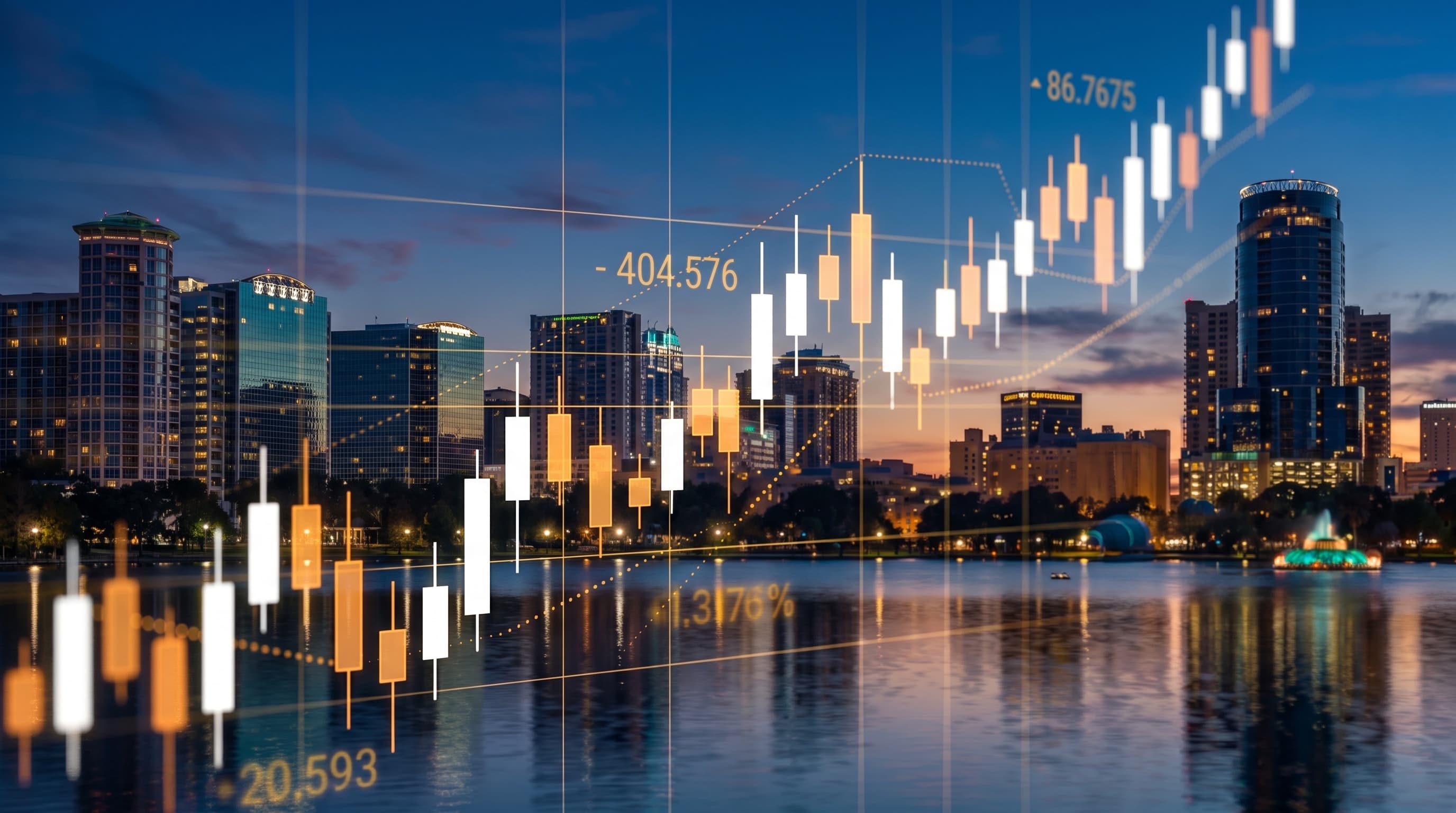 Downtown Orlando skyline over Lake Eola with a candlestick chart overlay