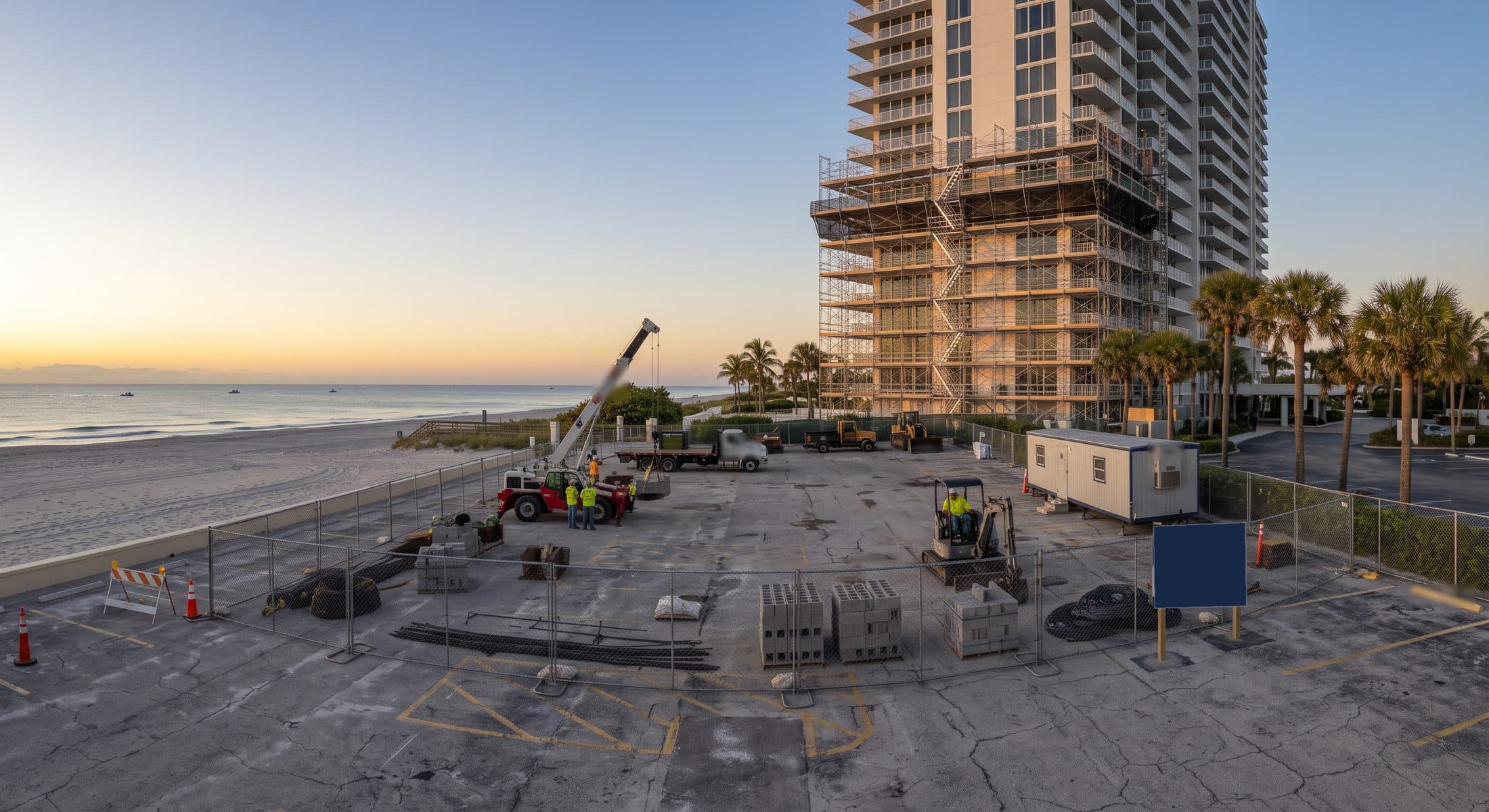 A Florida beachfront condominium tower wrapped in scaffolding for concrete restoration, with a fenced construction yard and the Gulf at sunset