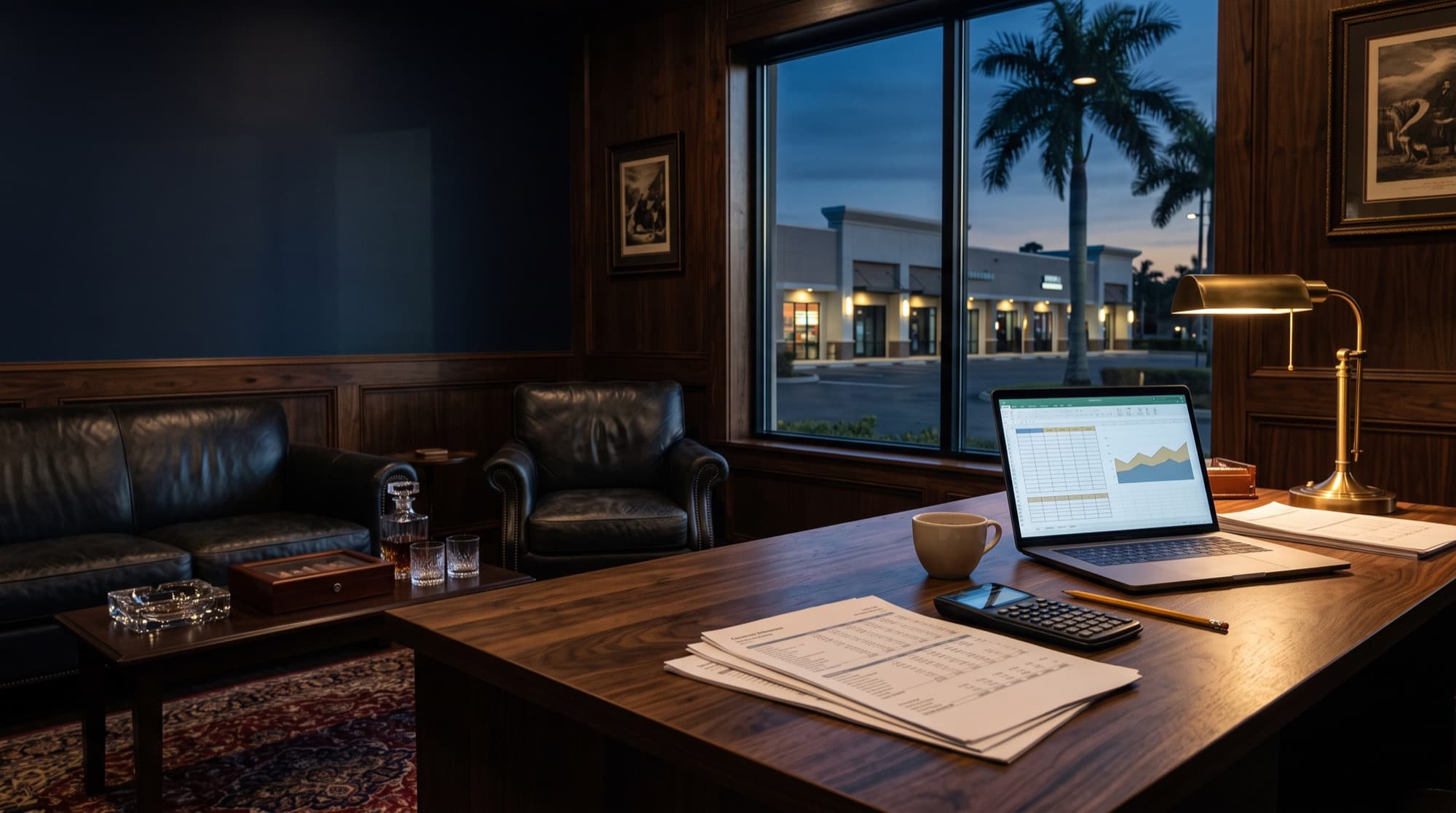 A commercial real estate analyst’s desk at dusk with financial statements, a calculator and a spreadsheet, overlooking a Florida retail center