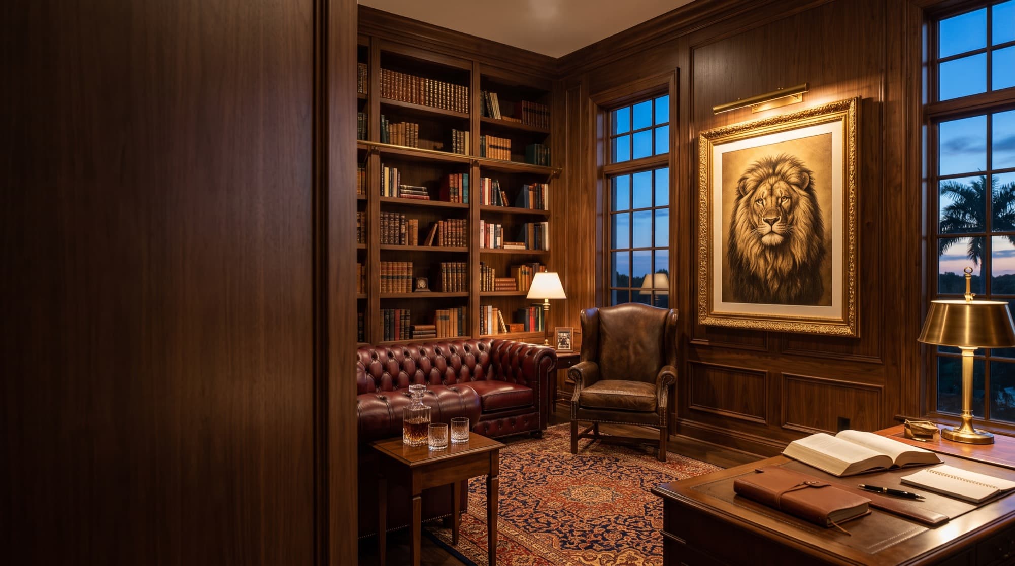 A walnut-paneled study and library with leather Chesterfield seating and a framed lion portrait above the desk