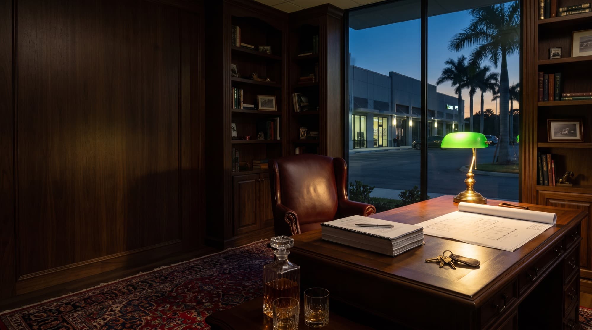 A lease, keys and floor plan on a broker's desk, with a Florida flex building outside