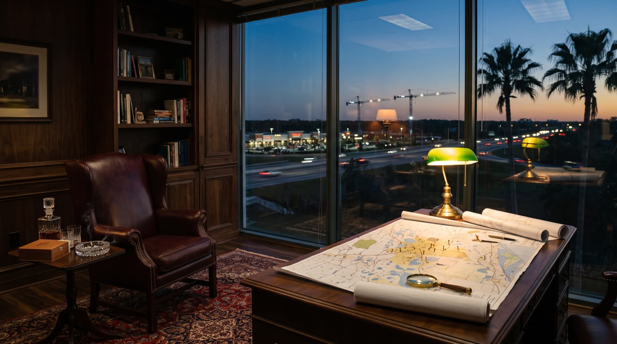 An executive office at dusk with a pinned map of Central Florida on the desk, overlooking a highway interchange, a retail center and construction cranes