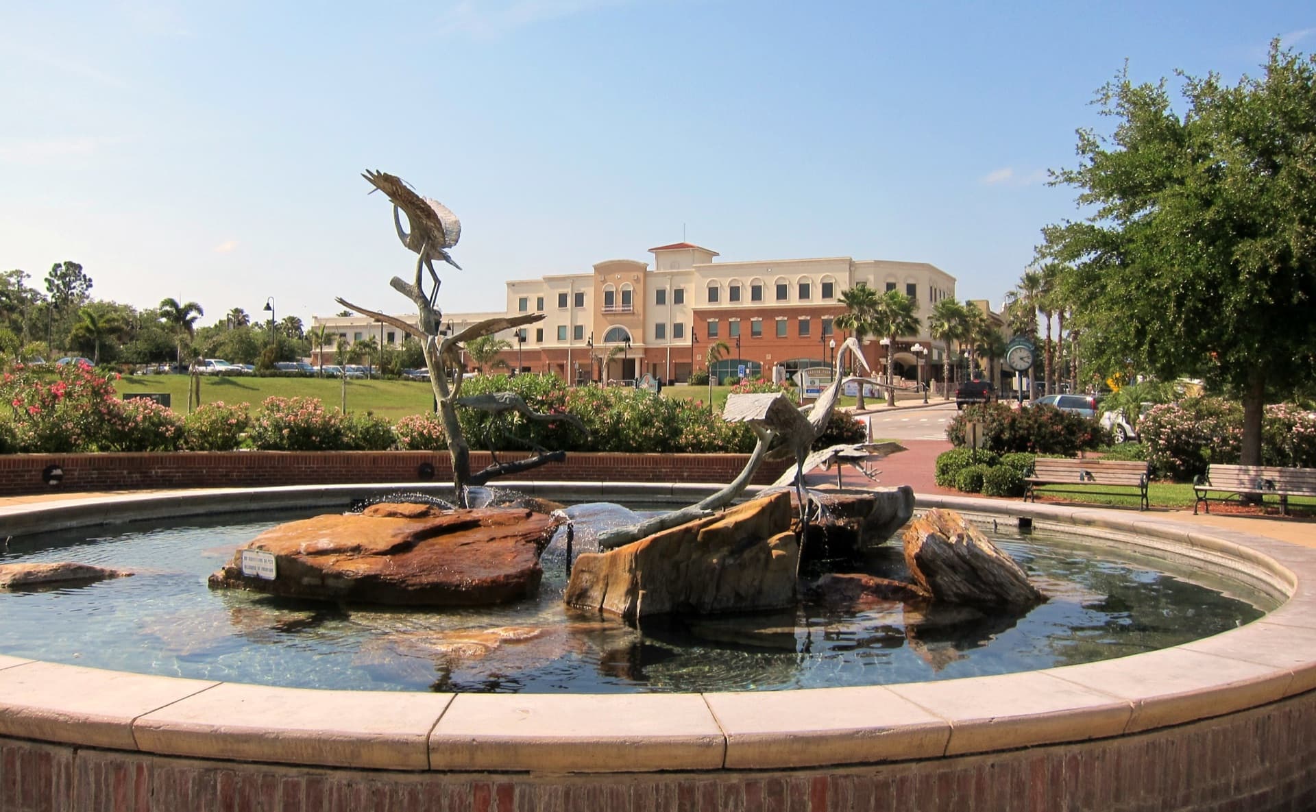 Heron fountain and the Safety Harbor Resort on Main Street, Safety Harbor, Florida