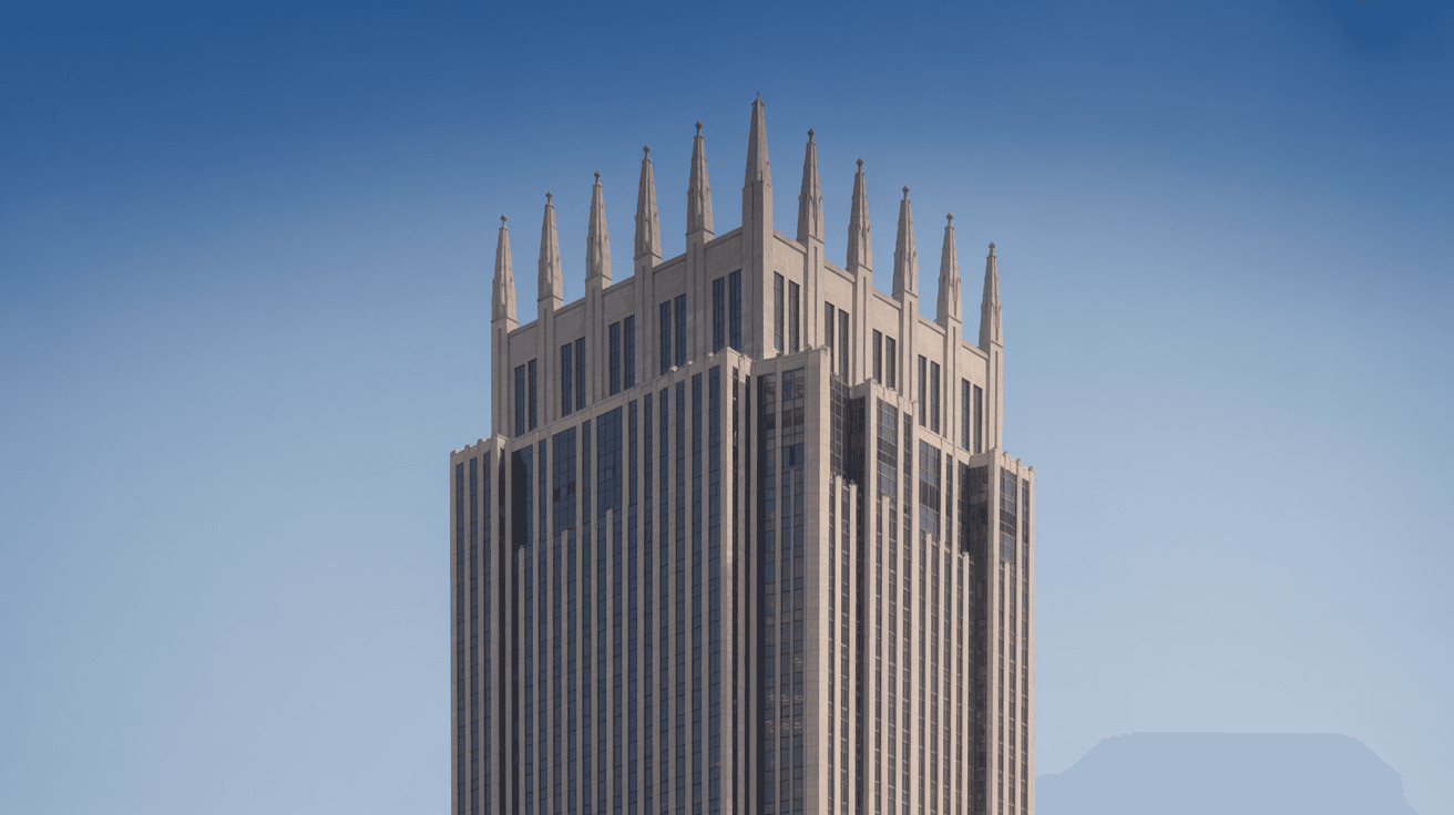 The Tower at 390 North Orange Avenue in downtown Orlando, a 28-story postmodern building with ten distinctive gothic spires