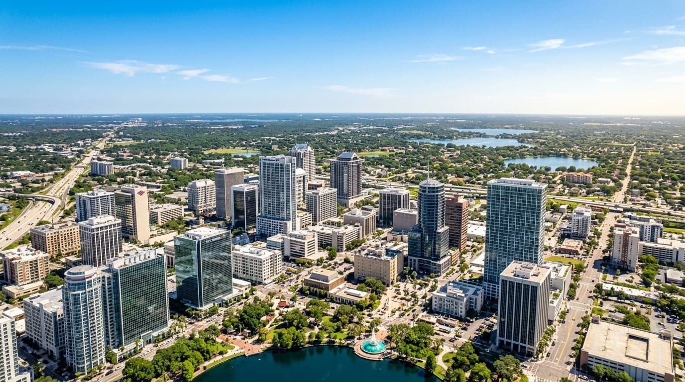 Panoramic aerial view of downtown Orlando Florida skyline showing the cluster of Class A office towers against a clear blue sky