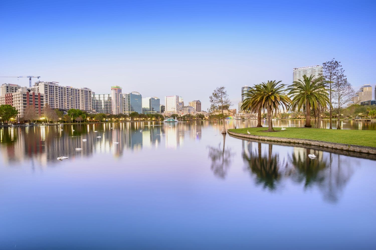 South Eola district near Lake Eola Park in Orlando Florida with walkable streets, office buildings, palm trees, and waterfront views
