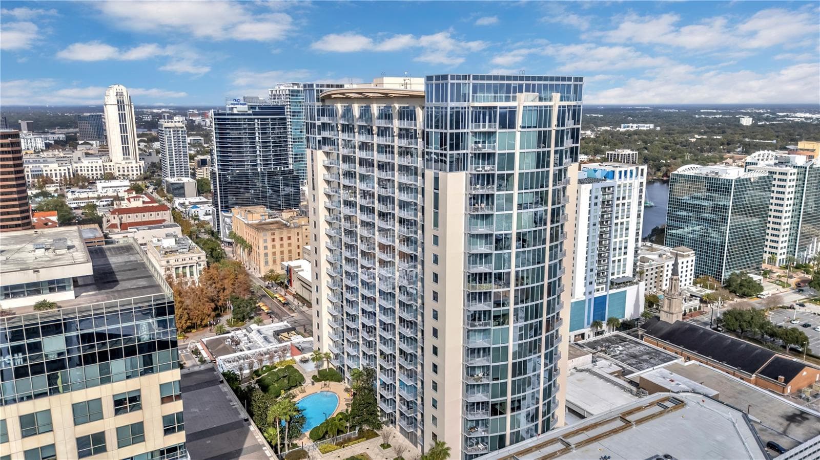 The Plaza at 155 South Orange Avenue in downtown Orlando, a twin-tower mixed-use high-rise with office, retail, and residential