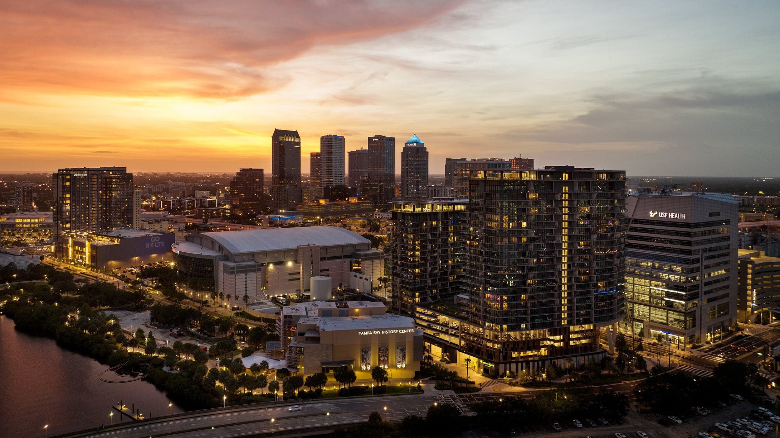Water Street Tampa mixed-use development with modern glass office towers and pedestrian-friendly streetscape