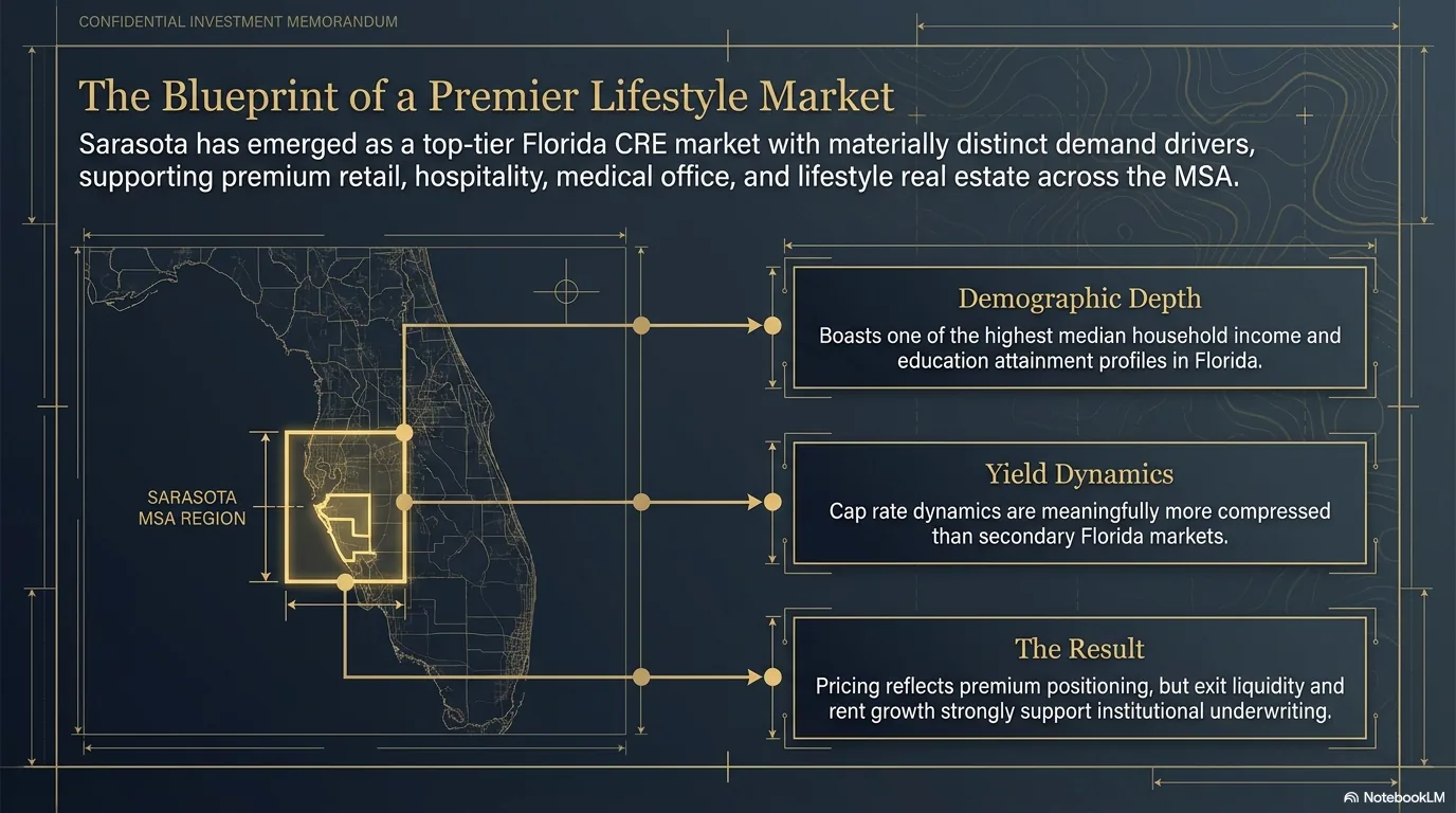 The Blueprint of a Premier Lifestyle Market: Sarasota MSA region map showing demographic depth, yield dynamics with compressed cap rates, and premium pricing supporting institutional underwriting.
