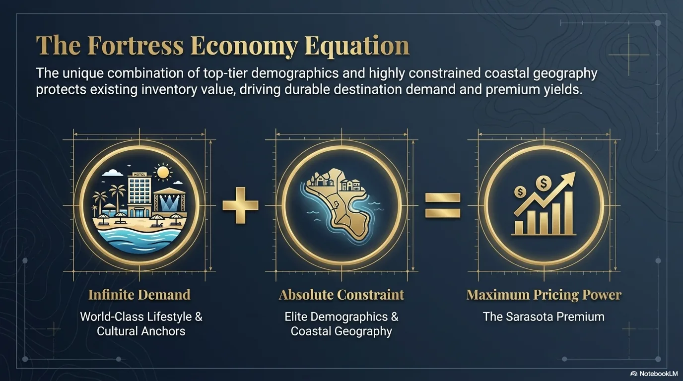 The Fortress Economy Equation: Infinite Demand from world-class lifestyle and cultural anchors plus Absolute Constraint from elite demographics and coastal geography equals Maximum Pricing Power — the Sarasota Premium.