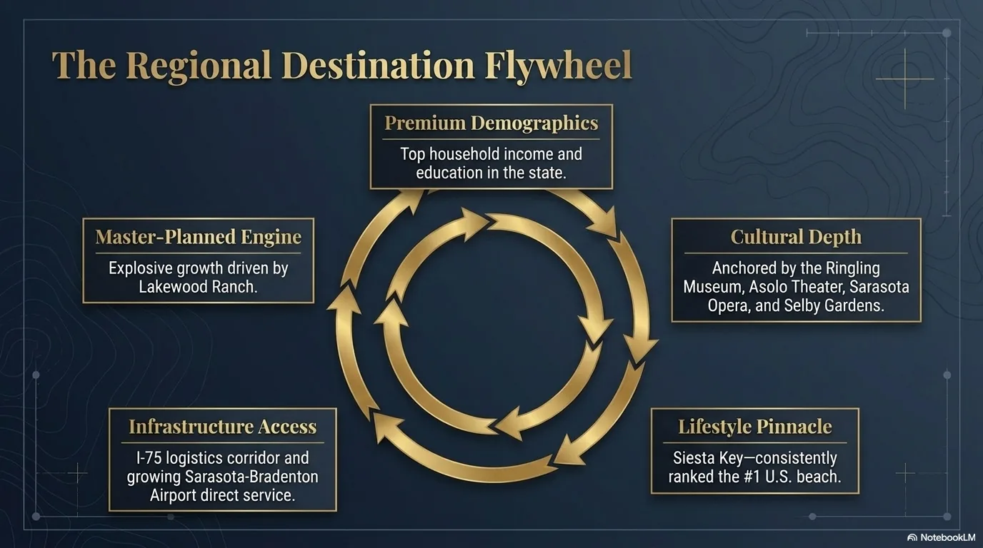 The Regional Destination Flywheel: five interconnected pillars — Premium Demographics, Cultural Depth, Lifestyle Pinnacle (Siesta Key), Infrastructure Access (I-75 and SRQ Airport), and Master-Planned Engine (Lakewood Ranch).