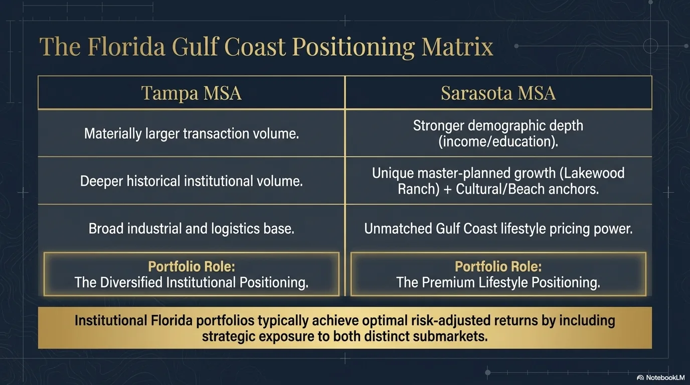 The Florida Gulf Coast Positioning Matrix comparing Tampa MSA (diversified institutional) versus Sarasota MSA (premium lifestyle positioning) across transaction volume, institutional depth, and pricing power.