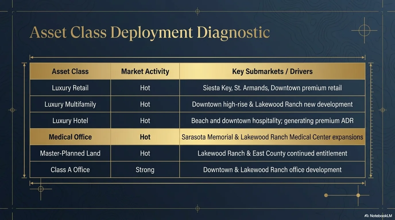 Asset Class Deployment Diagnostic: Luxury Retail (Hot), Luxury Multifamily (Hot), Luxury Hotel (Hot), Medical Office (Hot), Master-Planned Land (Hot), Class A Office (Strong).