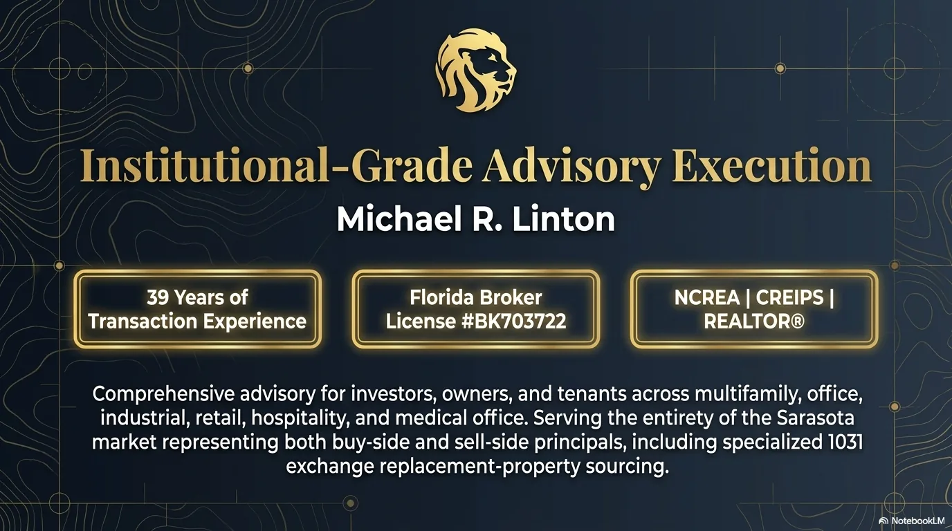 Institutional-Grade Advisory Execution: Michael R. Linton — 39 years of transaction experience, Florida Broker License #BK703722, NCREA, CREIPS, REALTOR designations.