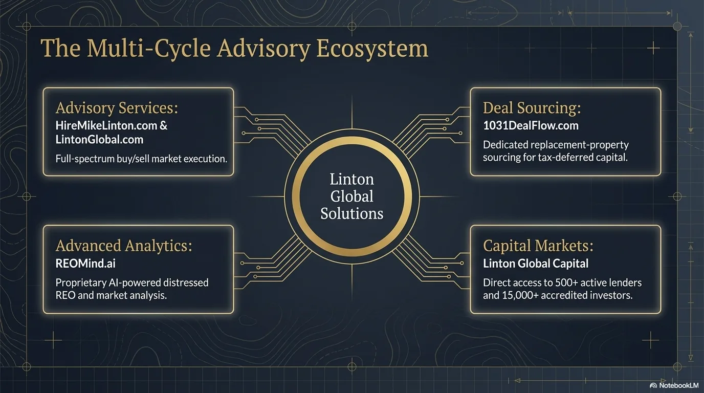 The Multi-Cycle Advisory Ecosystem: Linton Global Solutions connecting Advisory Services, Deal Sourcing (1031DealFlow.com), Advanced Analytics (REOMind.ai), and Capital Markets with 500+ lenders and 15,000+ investors.
