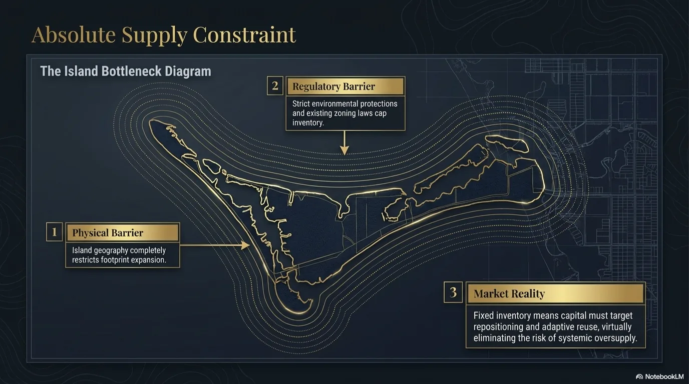 Absolute Supply Constraint: The Island Bottleneck Diagram showing physical barrier from island geography, regulatory barrier from environmental protections and zoning, and market reality of fixed inventory requiring repositioning.