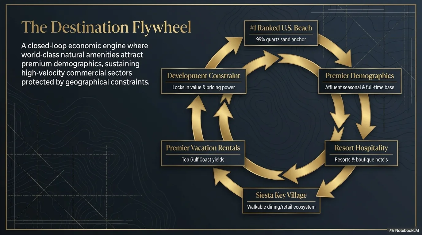 The Destination Flywheel: a closed-loop economic engine where #1 Ranked U.S. Beach attracts premier demographics, sustaining resort hospitality, Siesta Key Village retail, premier vacation rentals, all protected by development constraint.