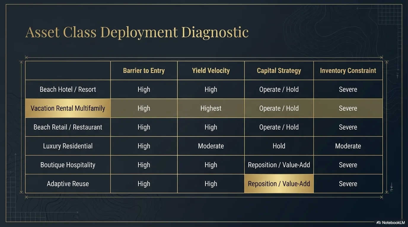 Asset Class Deployment Diagnostic comparing Beach Hotel/Resort, Vacation Rental Multifamily, Beach Retail/Restaurant, Luxury Residential, Boutique Hospitality, and Adaptive Reuse across Barrier to Entry, Yield Velocity, Capital Strategy, and Inventory Constraint.