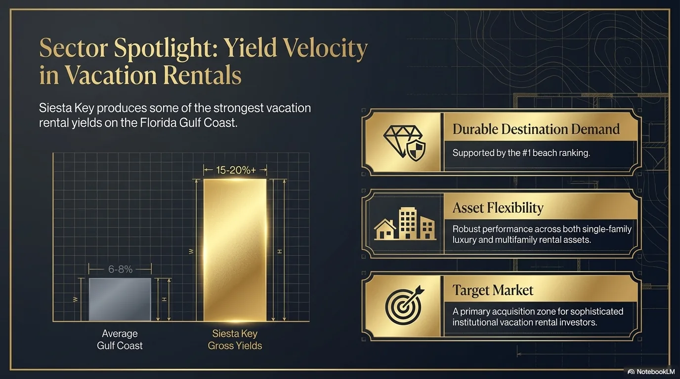Sector Spotlight: Siesta Key vacation rental yields at 15-20%+ gross compared to average Gulf Coast yields of 6-8%, supported by durable destination demand, asset flexibility, and institutional investor targeting.