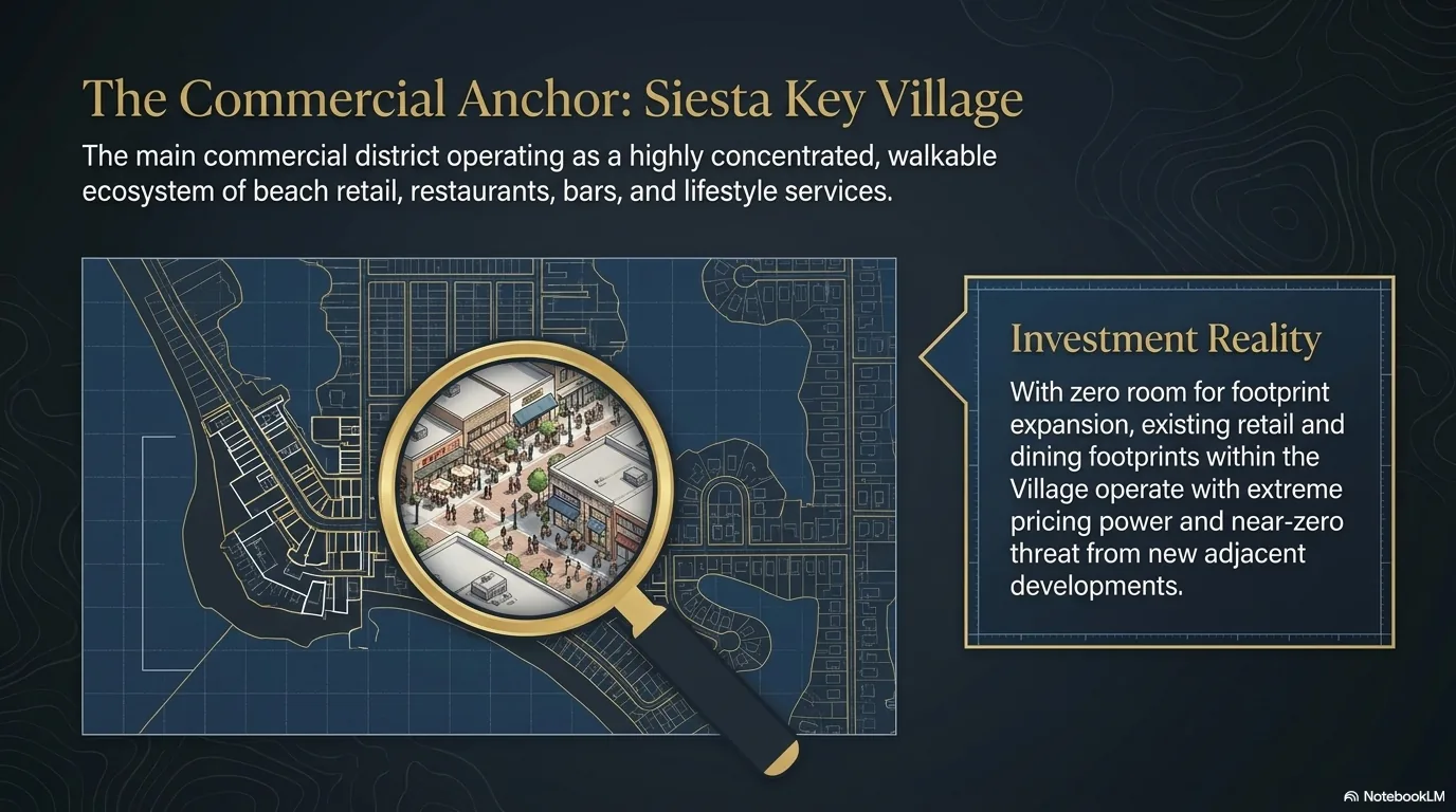 The Commercial Anchor: Siesta Key Village, a highly concentrated walkable ecosystem of beach retail, restaurants, bars, and lifestyle services with zero room for footprint expansion and extreme pricing power.