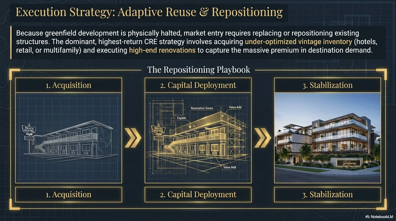 Execution Strategy: Adaptive Reuse and Repositioning — the three-step playbook from Acquisition of under-optimized vintage inventory through Capital Deployment and renovation to Stabilization of premium repositioned assets.