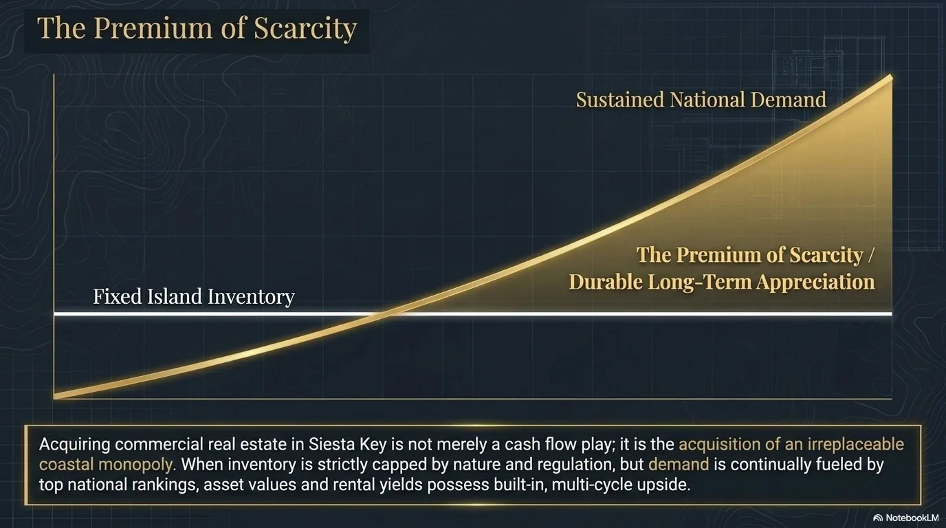 The Premium of Scarcity: chart showing sustained national demand curve rising against fixed island inventory, producing durable long-term appreciation. Acquiring Siesta Key CRE is acquiring an irreplaceable coastal monopoly.
