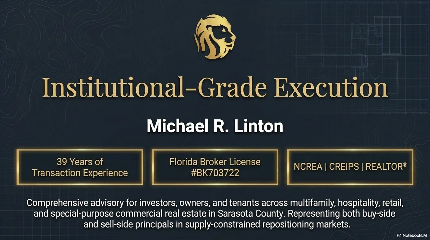 Institutional-Grade Execution: Michael R. Linton credentials — 39 years of transaction experience, Florida Broker License #BK703722, NCREA, CREIPS, REALTOR designations. Comprehensive advisory for Sarasota County commercial real estate.